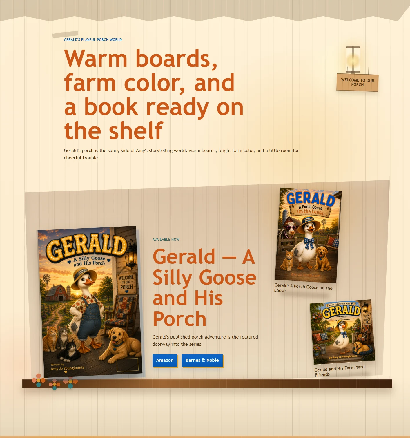 Independent author website showing book covers, purchasing links and a warm illustrated presentation