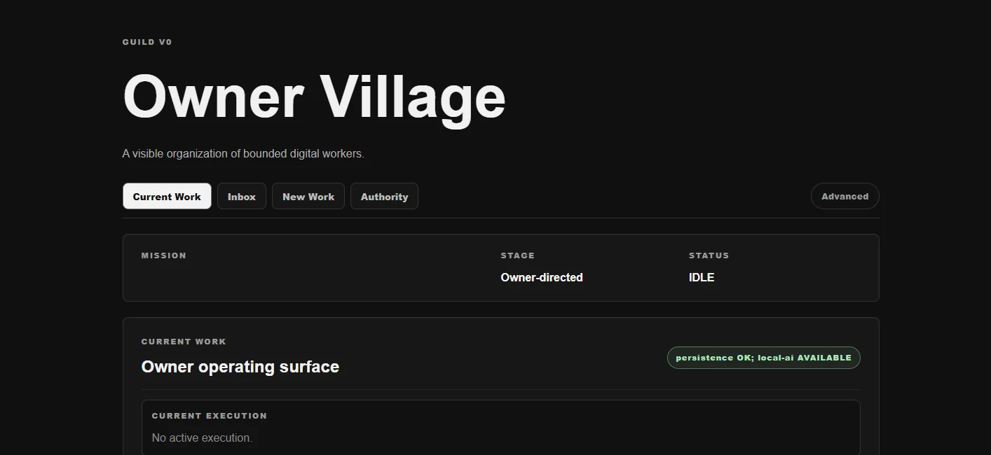 Guild Owner Village interface showing current work, authorization, and execution status panels; sensitive identifiers have been sanitized