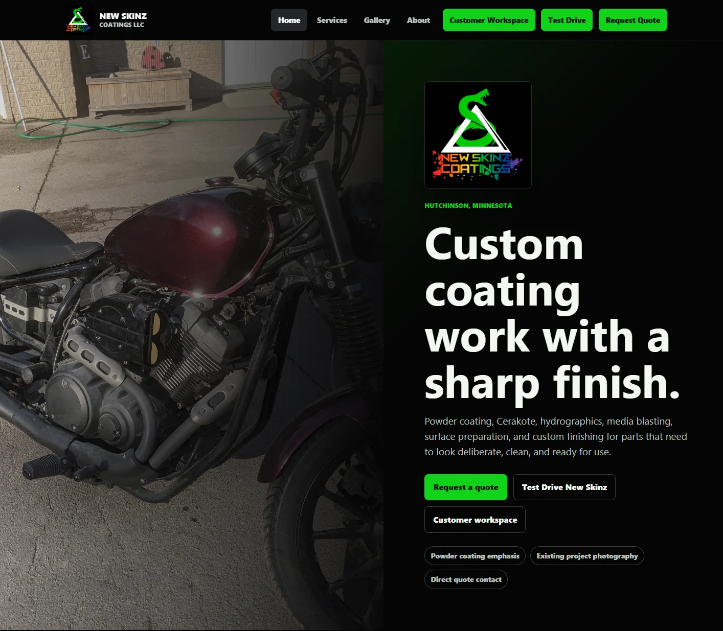 New Skinz homepage with project photography and customer inquiry actions