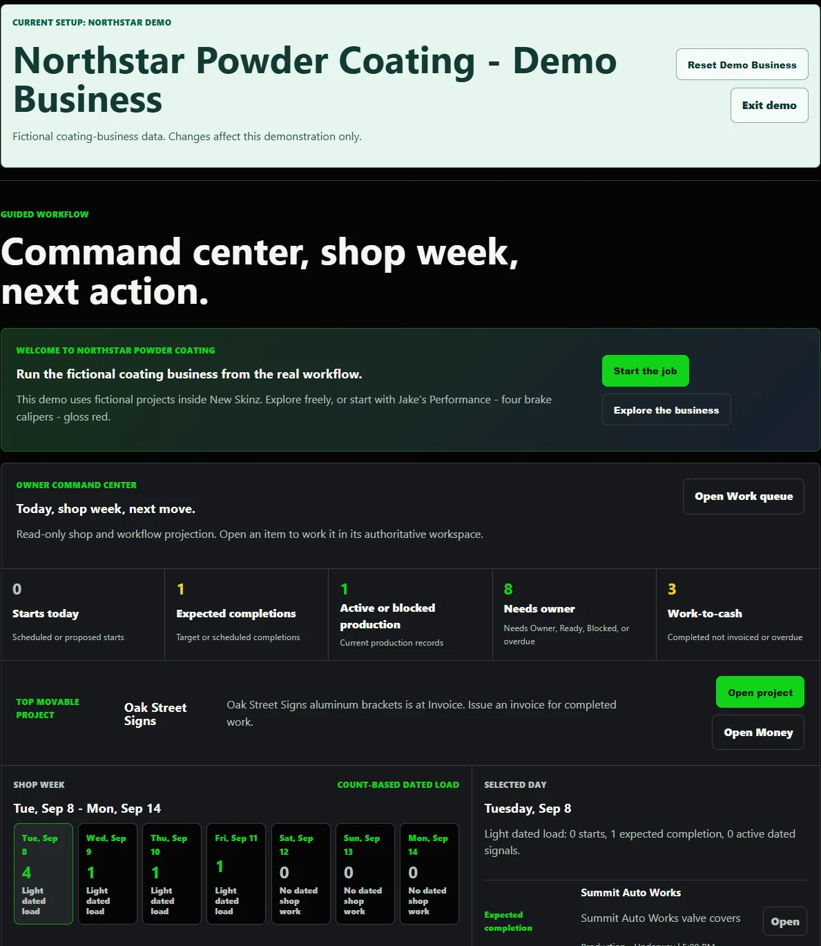New Skinz operations demo showing fictional business data, work coordination and a shop-week schedule