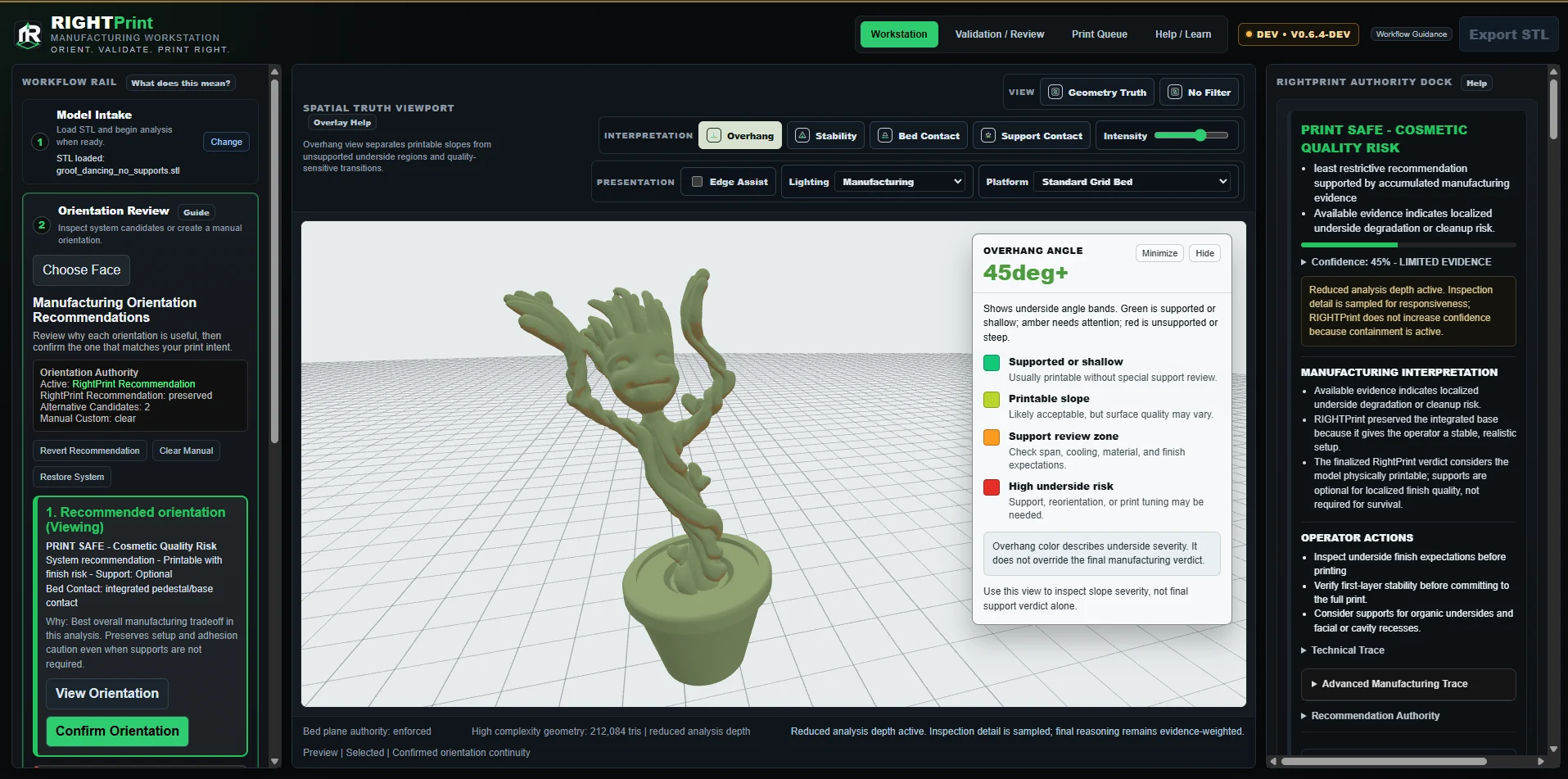 RIGHTPrint application with 3D part inspection, orientation controls and decision support